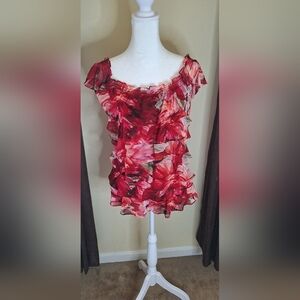 White House Black Market Red Floral Ruffle Blouse